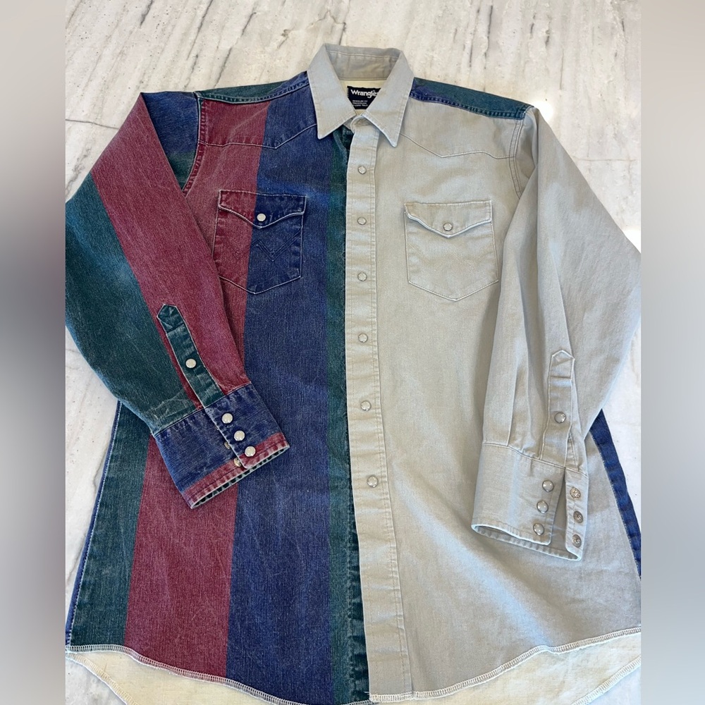 VINTAGE MENS WRANGLER STRIPED BRUSHPOPPER WESTERN SHIRT W PEARL SNAPS Sz M